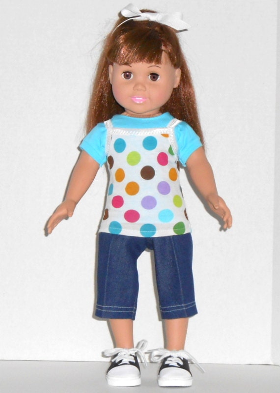 American Girl Doll Denim Capris Polka Dots Tank Aqua Shirt Set