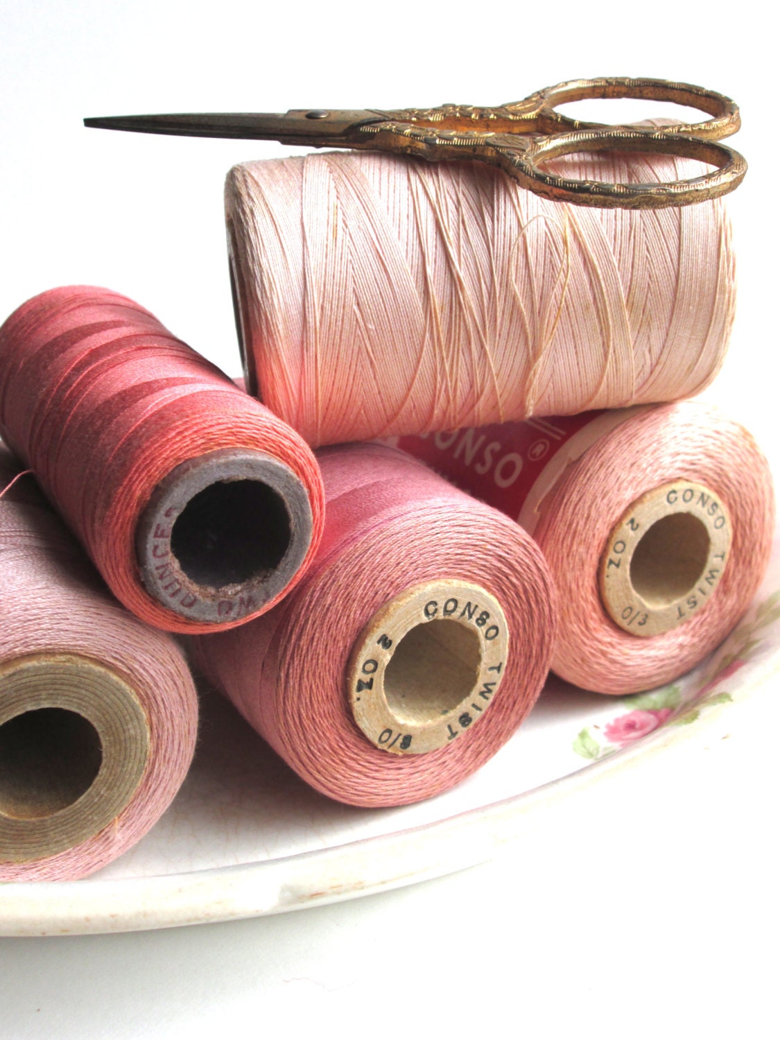 Pink Spool collection cotton thread vintage supply packaging home decor sewing craft supplies cottage shabby decor - LemonRoseStudio