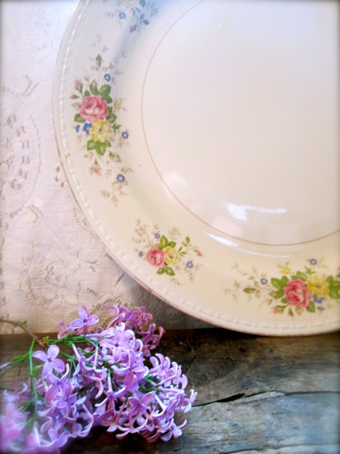 Vintage Round floral Platter Tray  China Plate  Serving Housewares Shabby Cottage Romantic Homer Lauglin  tabletop wedding