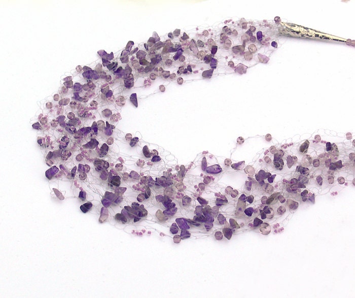 Amethyst Necklace. Multistrand Purple Necklace. Beadwork. Beaded Jewelry