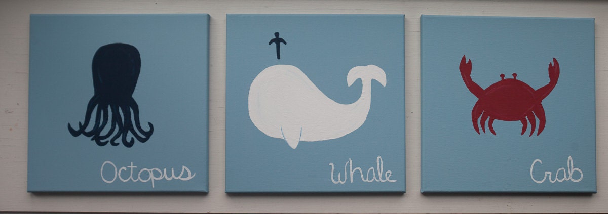 Sea Creatures, Set of 3, Whale/Crab/Octopus in Navy/White/Red on a light blue backround -- Reserved for Alex