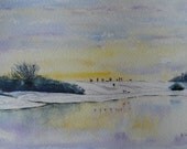 Sledging and Tobogganing in the Snow - Landscape Watercolour / Watercolor Painting with FREE UK DELIVERY