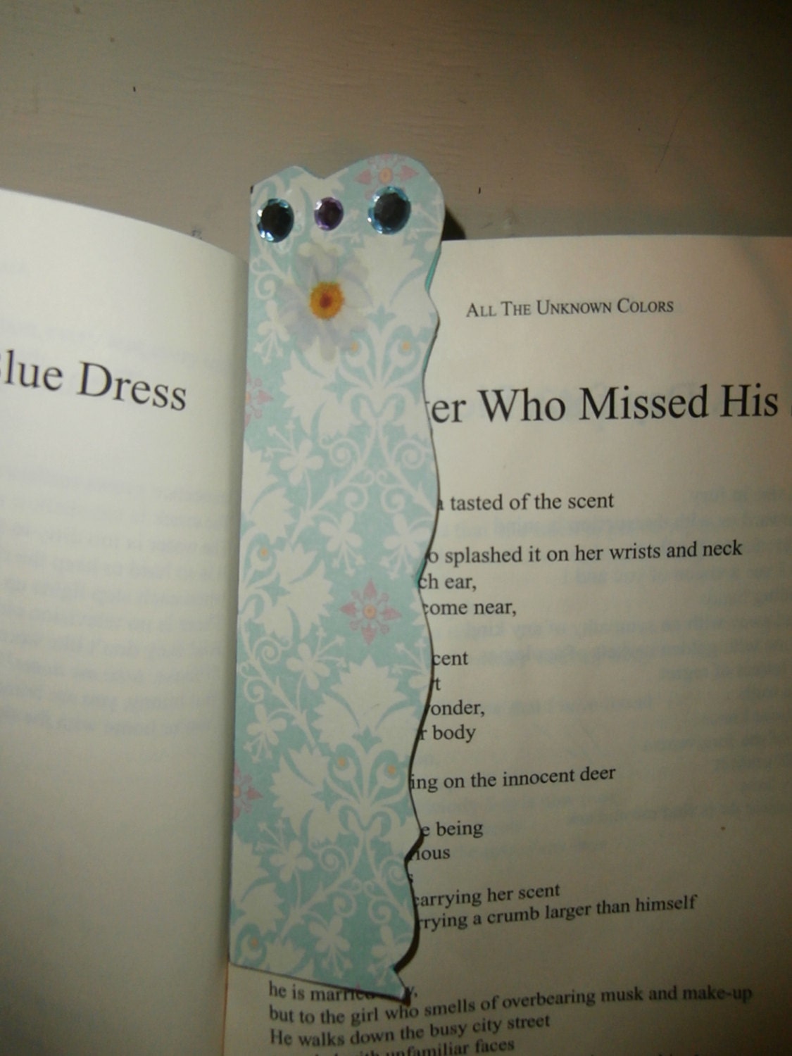 Handmade Baby Blue Antique Print Bookmark with Rhinestones