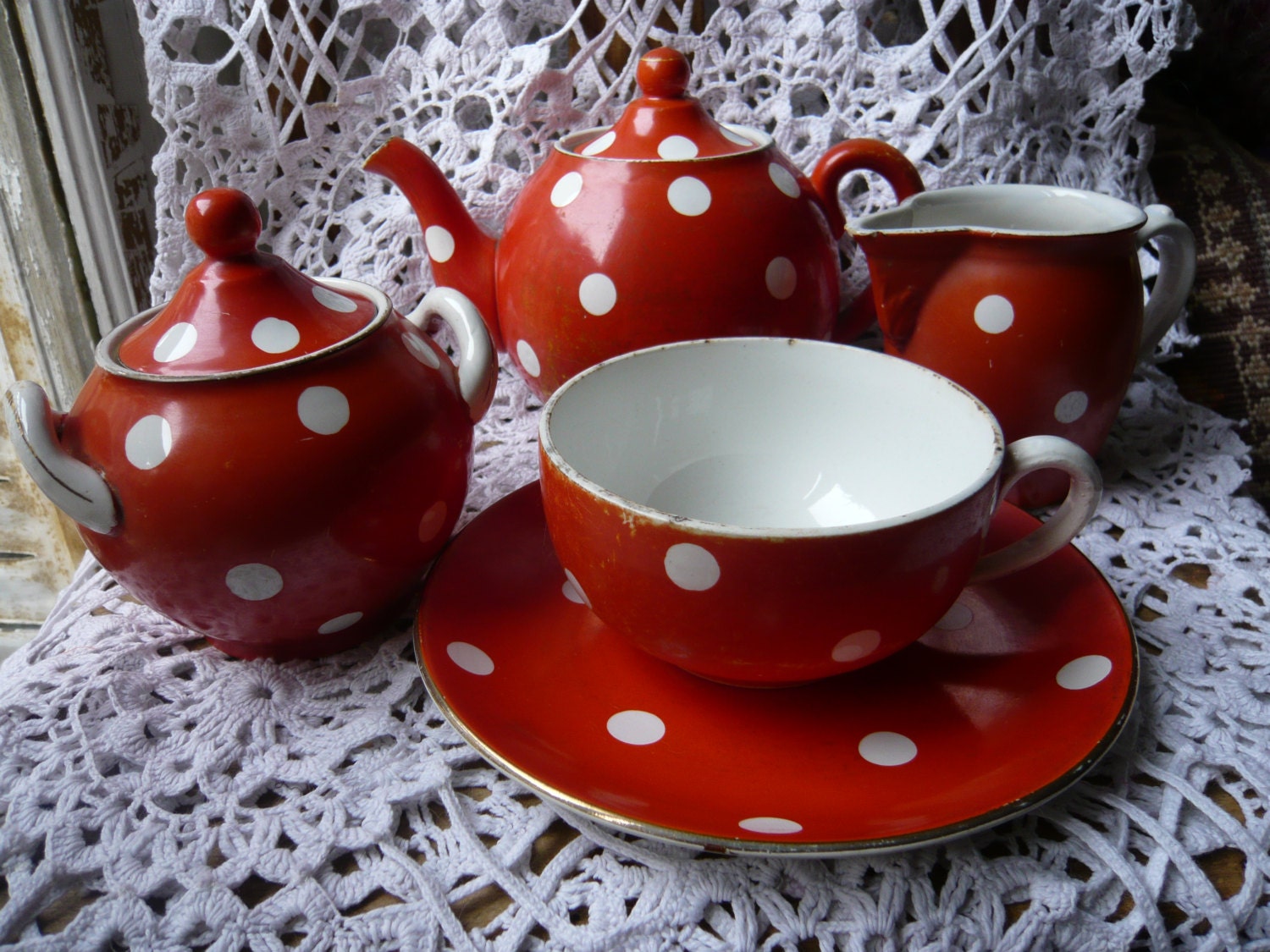 Antique french shabby chic Sarreguemines  Digoin Red  Polka Dot or confetti tea set,tea service,1920