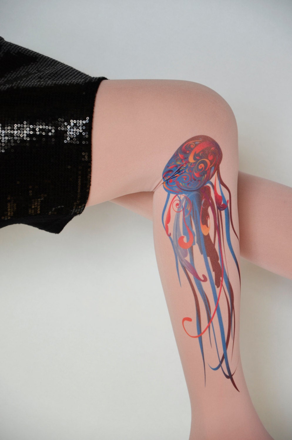 Multicolor Jellyfish Tattoo Tights Pantyhose,Medusa Old Pink tattoo Leggings,Sea Animals Tattoo Tights,Handmade Pantyhose