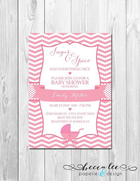 Pink Pram Sugar & Spice Baby Shower Invitation - Chevron Stripes - DIY - Printable Il_570xn