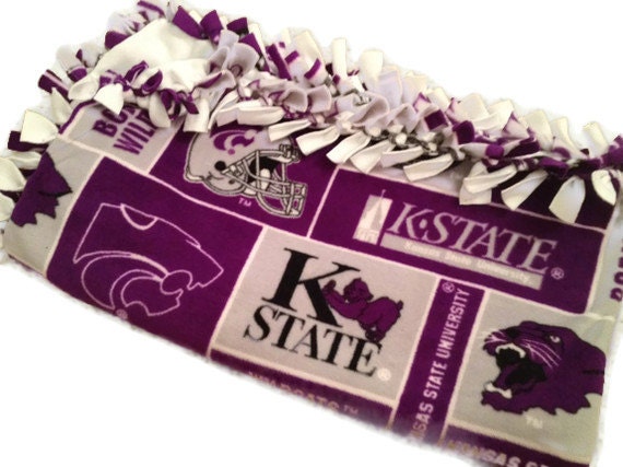 Kansas State University Wildcats Fleece Tie Blanket - KSU Collge No Sew Blanket - Children, Teen, Adult Sizes - Purple, Grey Hues