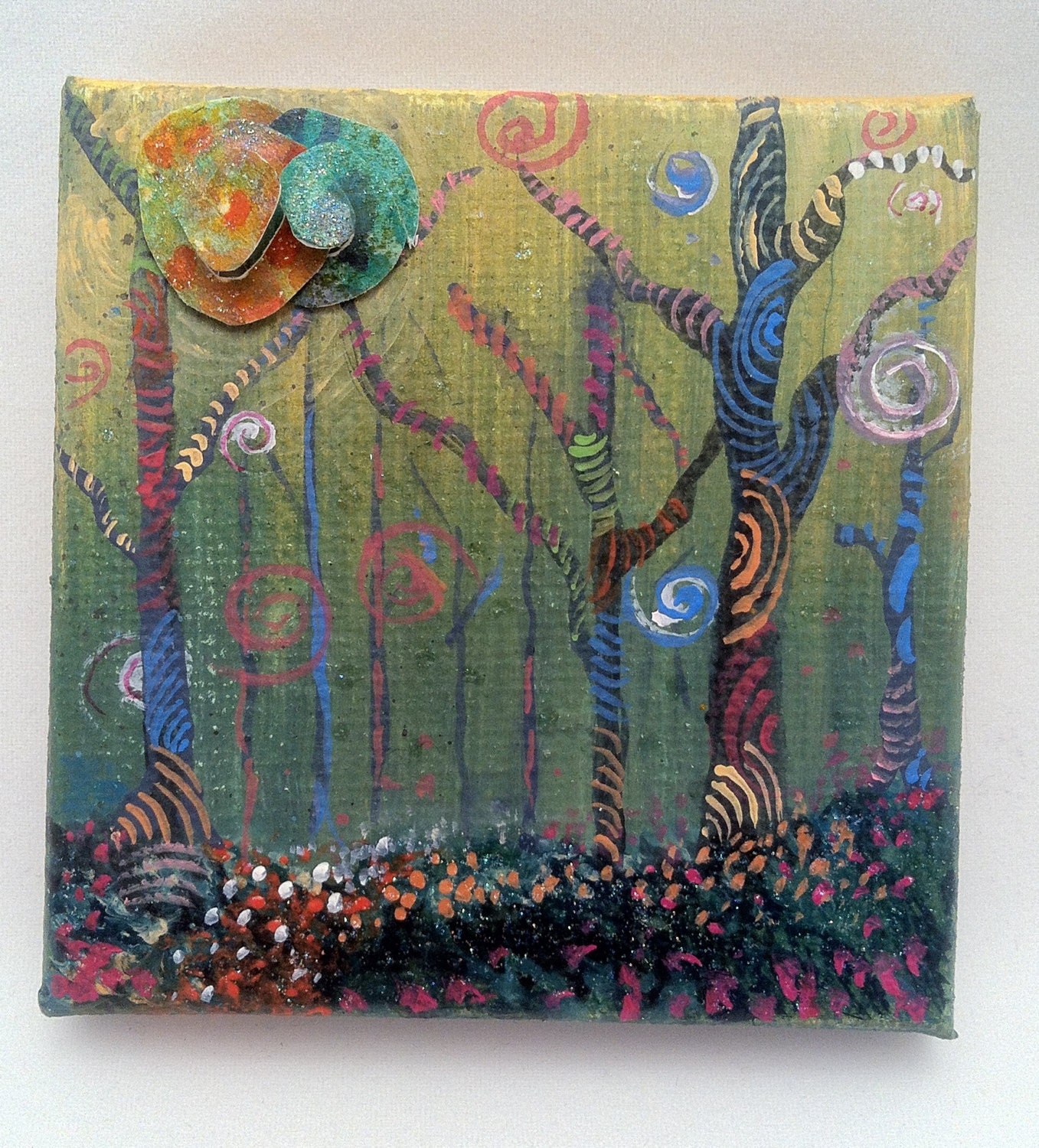 handpainted fantasy forest in mixed media on canvas