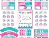 Summer Pool Party "Pink Flamingo" Blue, Pink & Yellow EDITABLE and PRINTABLE Party Kit