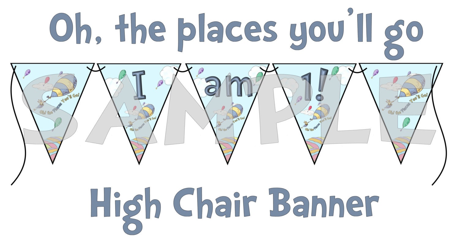 Dr Seuss Oh the places you'll go High Chair Banner I Am One Blue Boy other party supplies avaliable