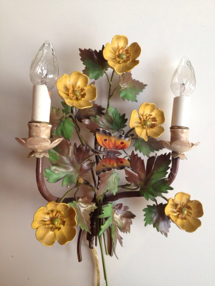 Italian Hand Painted Metal Floral Wall Sconce With Butterfly