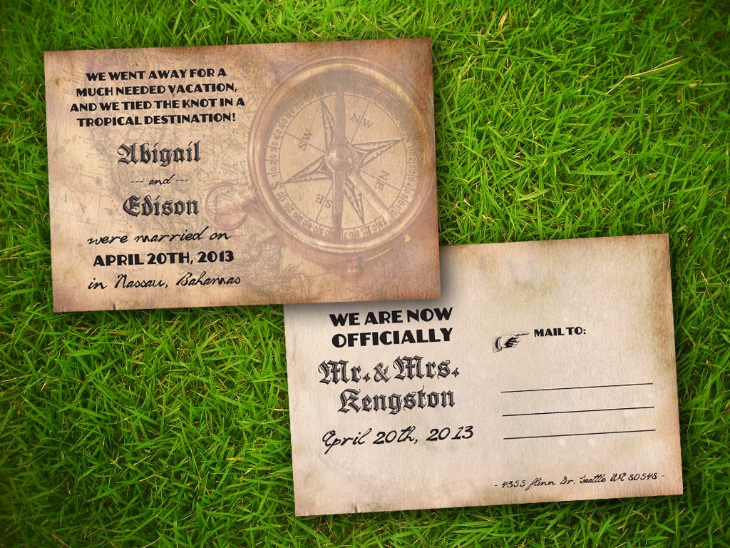 Wedding Announcement PostCard - Vintage Travel Destination Wedding Customizable 4" x 6" - 50 Pieces PRINTED Double Sided Postcard