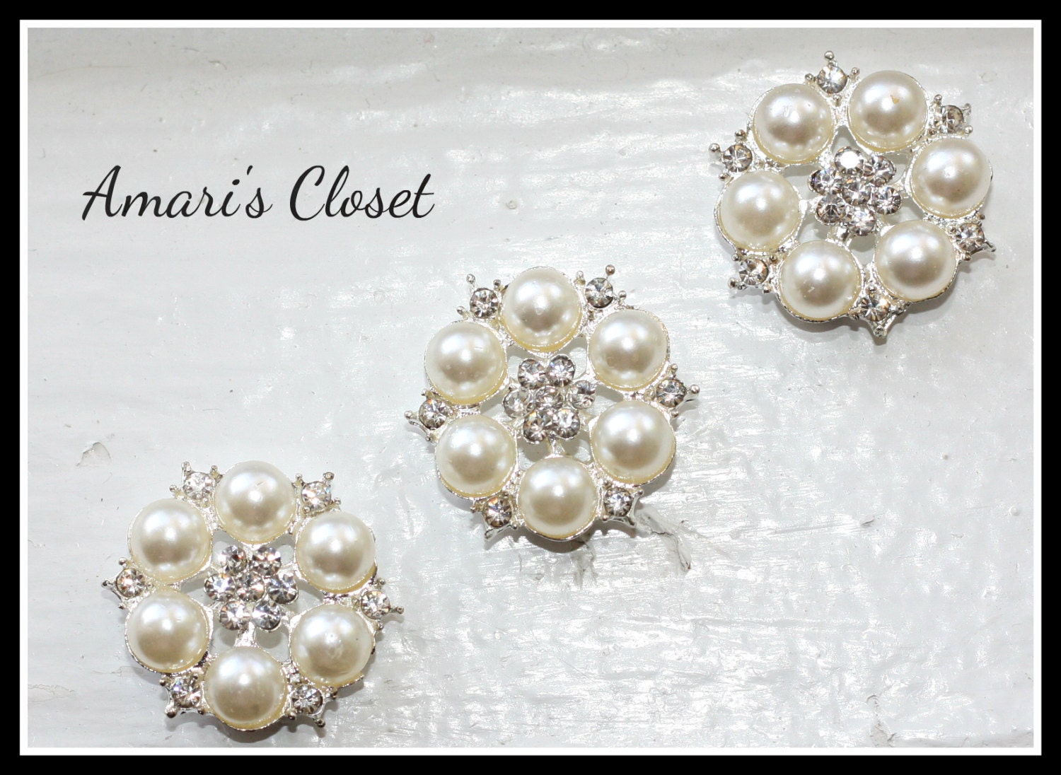 Set of 3 Beautiful 23mm Rhinestone Centered Pearl Cluster Flat Back Rhinestone Embellishments - Weddings, Hair Accessories, Hair Flowers