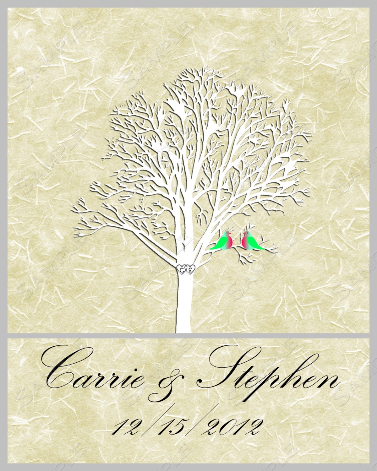 Wedding Tree Personalized Print with Colorful Love Birds