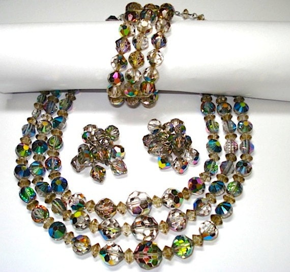Vintage Aurora Borealis Parure, 3 Strand Necklace, Wrap Bracelet & Dangle Earrings