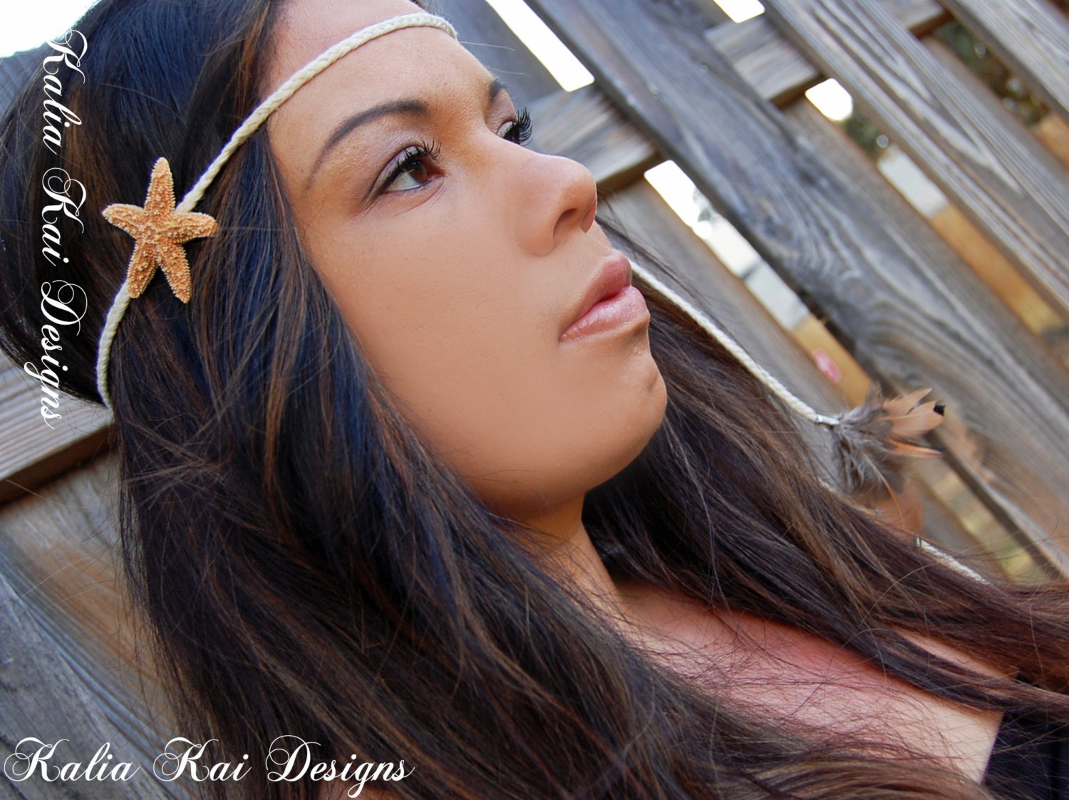 Boho Chic Orange Sugar Starfish Headband with feather dangles, braided band, real starfish, real feathers, boho, hippie, summer, fun