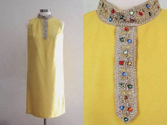 SALE 1960s Silk Dress -- 60s Vintage Bright Yellow Silk Shift Dress with Colorful Beaded Gold Trim - XS/S