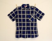 Vintage. 50's. Dark Blue and White Checkered Blouse. Peter Pan Collar. Short Sleeves. Button Up. Tailored. Medium M