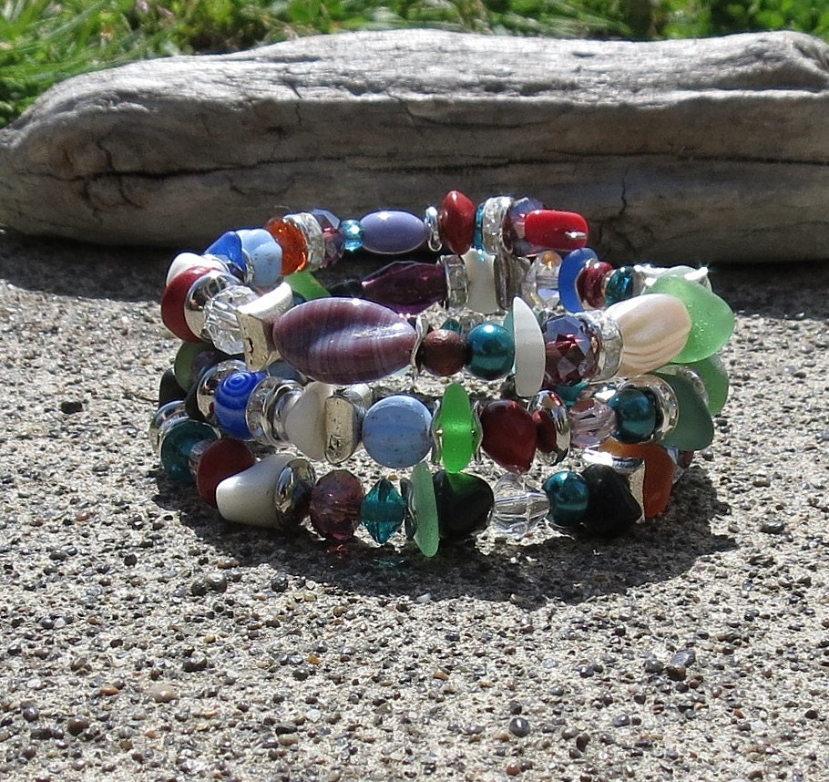 Sea Glass Boho Yoga Wrap Stacked Beaded Bracelet