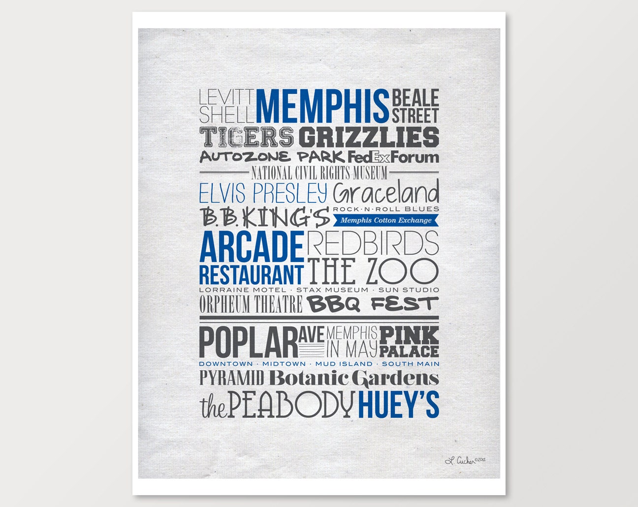 City Typography Prints: Memphis Places (White)