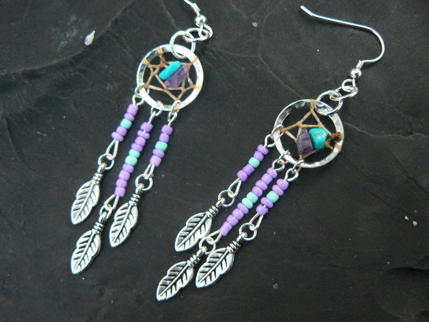turquoise and amethyst dreamcatcher earrings PURPLE in native american tribal boho belly dancer and hipster style