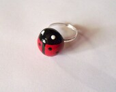 Lucky Spotted Ladybug Ring - Handcrafted Polymer Clay Jewelry - Nickel Free, Lead Free, Silver Plated Ring