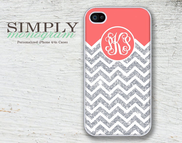 Personalized iphone 4 case - iphone 4s case - plastic or silicone rubber -  coral and glittery chevron monogram  ( NOT ACTUAL GLITTER )