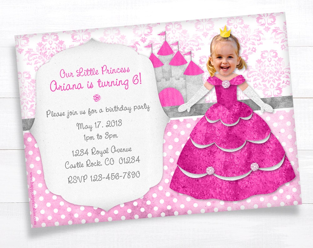 Pink Princess INVITATION Kid Girl Birthday Princess Party Printable Invite Photo Picture DIY Custom Child Cute Girlie Dress Baby Pink Gray