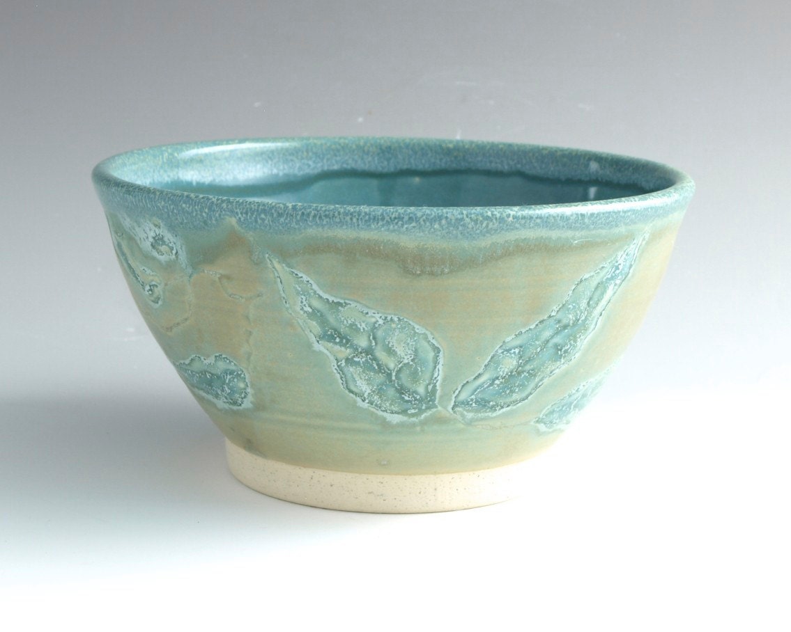 Serving Bowl Mixing Bowl Carved Leaf Turquoise Blue Home Decor Pottery Mint Chocolate Chip - Ready to Ship