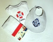 Baby Boy Gift Set with Life Preserver Onesie Anchor Bib and Diaper Burp Cloth