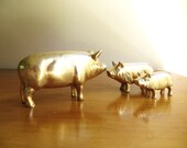 Vintage Brass Pig Figurines, Gold Pig Statues, Hog, Farm Animal Collectible, Pig Paperweight, Mama Pig and babies