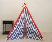 Navy and White Chevron Teepee with Solid Sleeves or Pick your color Chevron Tent, Kids tent Made to Order
