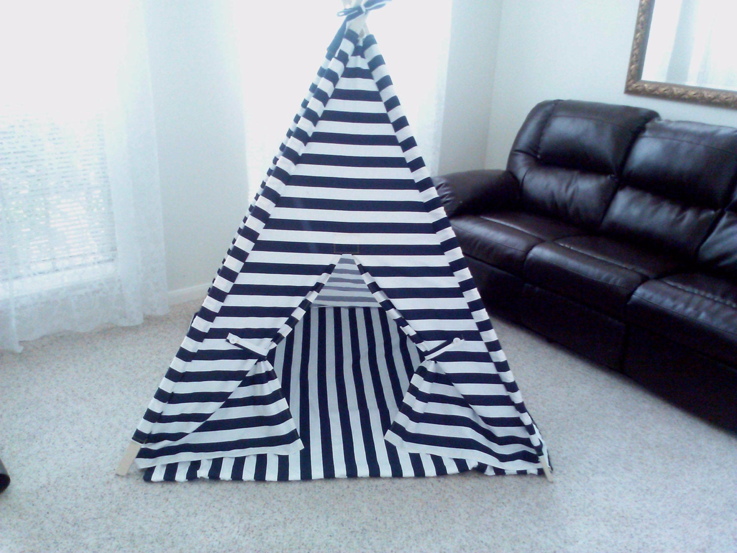Navy and White Horizontal Stripe Tent and Mat, Tent, Kids Teepee, Play Tent