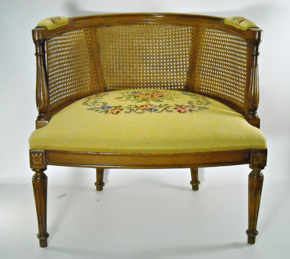 Mid Century Chair Cane Barrel Back French Hollywood Regency Needlepoint Aubusson Sale