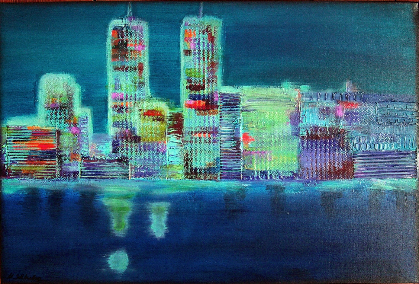 Original Abstract  Acrylic Painting Landscape Painting M.Schöneberg Handmade Collage Art "New York at night" 24x36x1,5 FREE Express Shipping