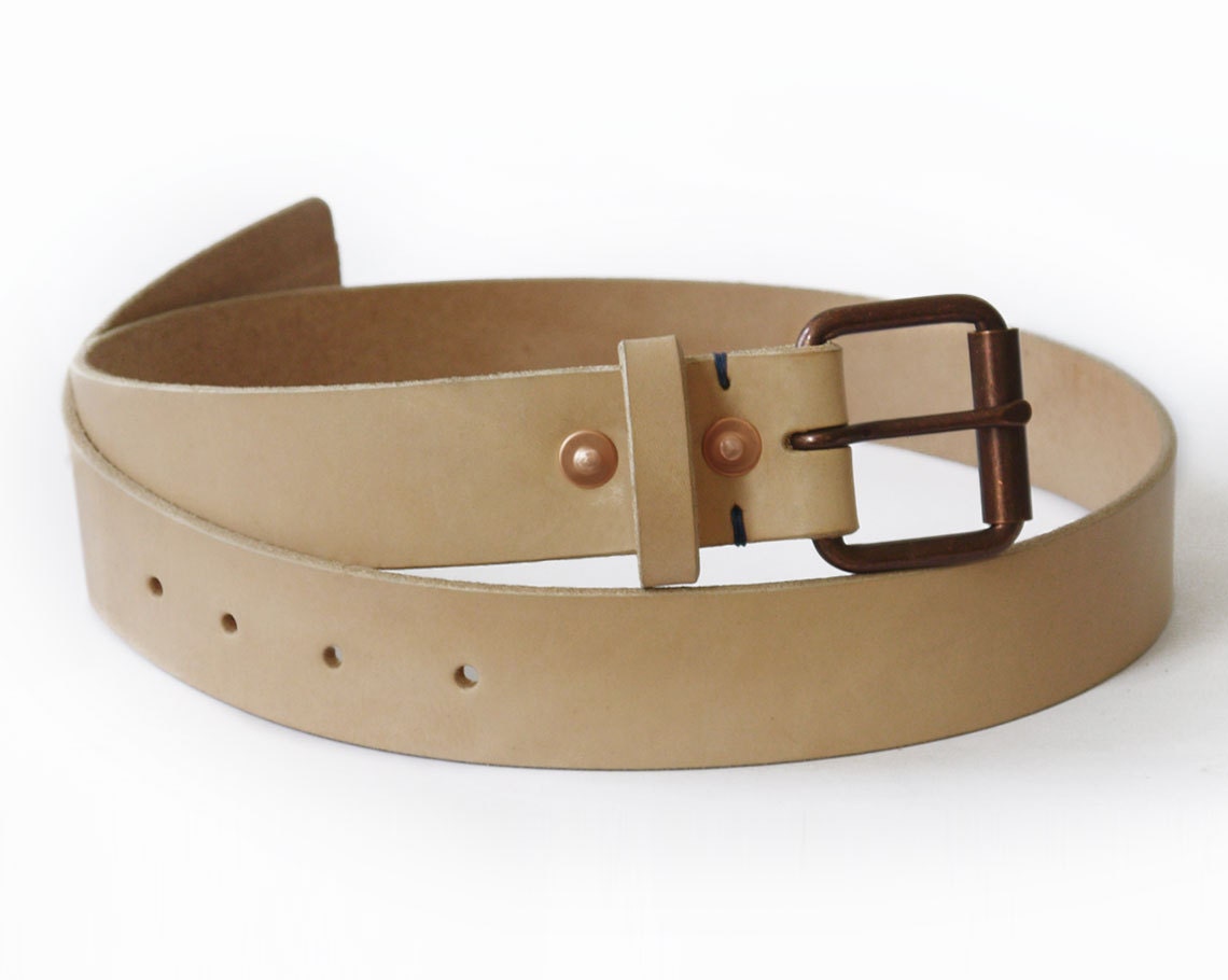 Mens Handmade Natural Veg-tan Leather Belt, Copper Buckles and Rivets - BasAder 16 Fathers Day Gift Ideas for the Man Cave