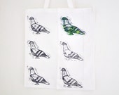 Pigeon Tote Bag - Printed by Hand - White Cotton Shopper Handbag with Black Pigeons - Cute, Quirky & Unique - Under 20 pounds
