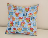 Owl Cushion Cute & Fun Print - Pretty Blue / Cream Pillow with Happy Owls -  Under 25 pounds /  Under 40 dollars