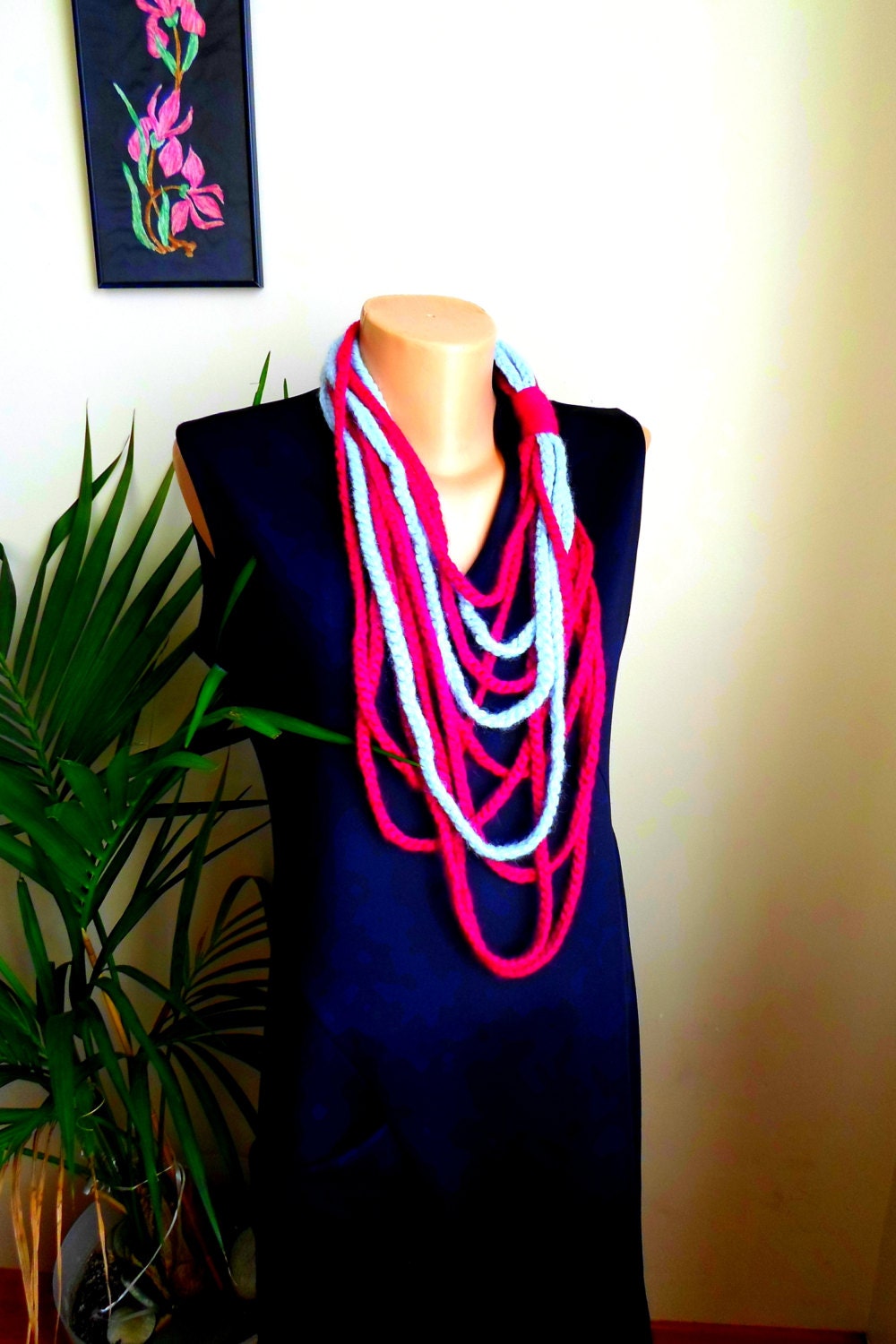 Crochet chain necklace. Fuchsia, light blue. Crochet necklace. Neckwarmer.