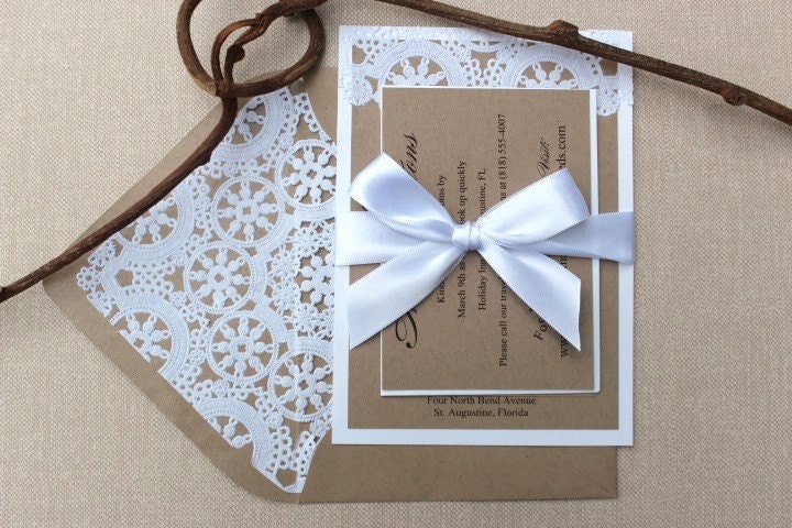Wedding Invitations Lace Vintage Kraft and White