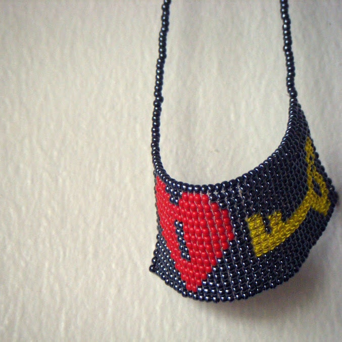 Beaded Lock and Key Necklace in Onyx, Red, and Bright Yellow, Handmade from Woven Beads - Gamer Gorgeous Metallic Jewelry Modern Beadwork