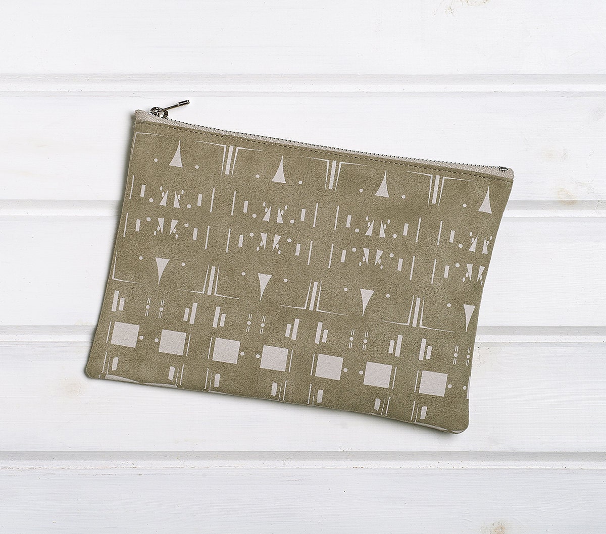 Green Zipper Pouch, Vegan Suede Clutch, Hand Screen Printed Large cosmetic bag, wallet, clutch