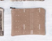 Small Camel Brown Vegan Suede Zipper Pouch, Hand Screen Printed. One of a kind Change / Coin / Card Pastel Spring purse