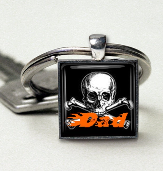 Cool Dad Keychain Skull with Flames Black Orange White Motorcycle Harley Dad Handmade USA Keychain Fathers Day Birthday for Dad Gift Boxed