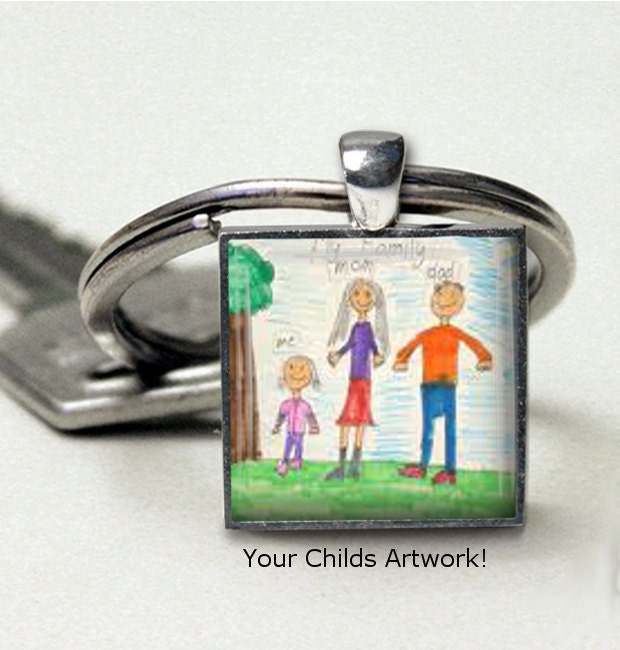 Your Child's Artwork Featured on Silver Custom Key Chains Artisan Made in USA Gift Boxed For Mom Dad and Grandma Grandpa