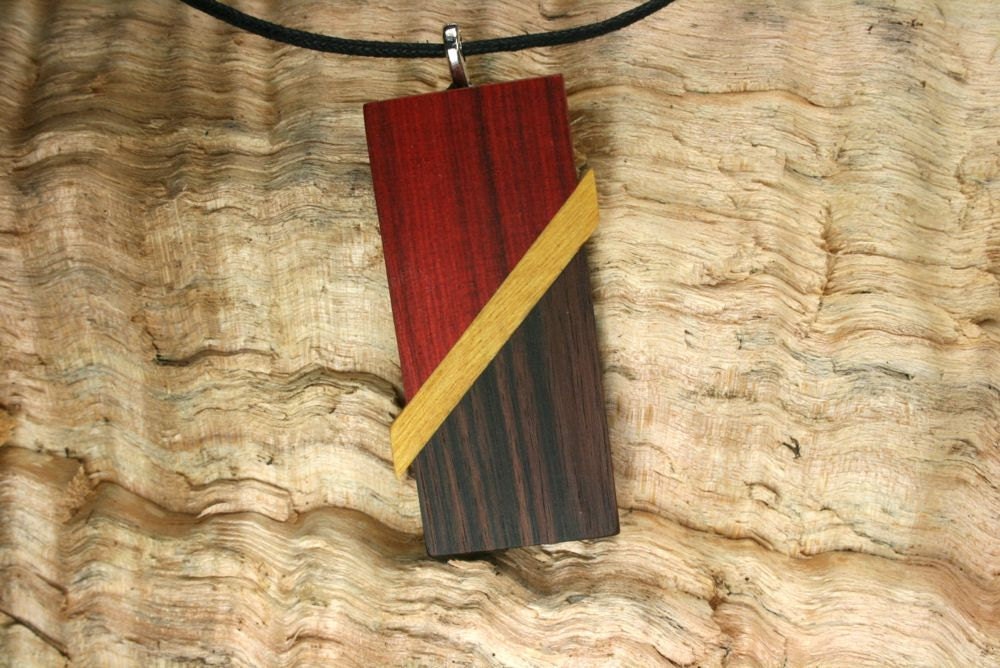 Contemporary Wood Pendant Necklace Featuring Redheart, Yellowheart and Macassar Ebony