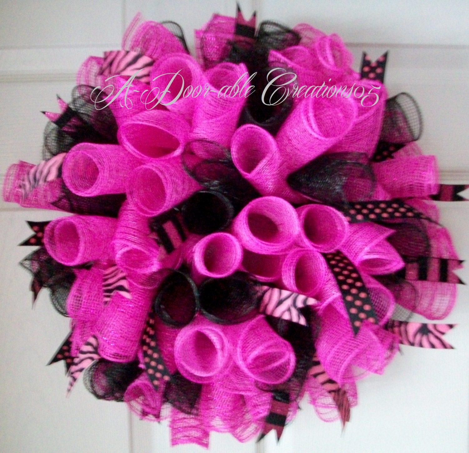 Hot Pink & Black Spiral Deco Mesh Wreath with Ribbons
