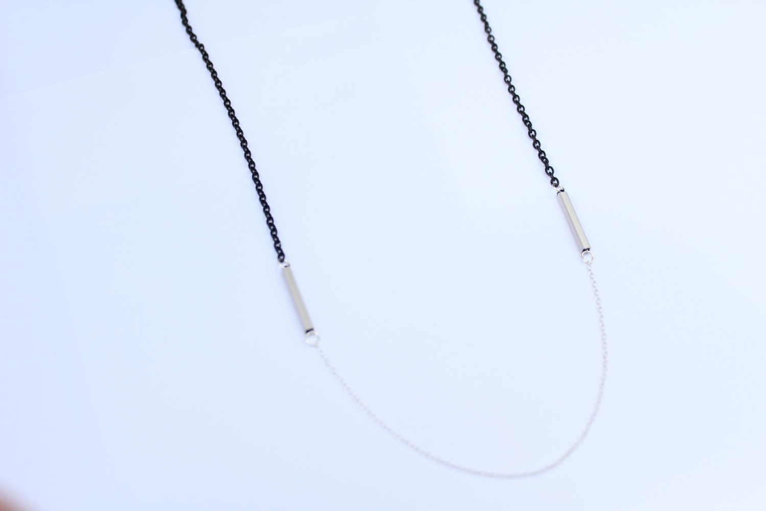 Silver & Black - silver plated tube bar necklace - sterling silver and black chain necklace - delicate jewelry