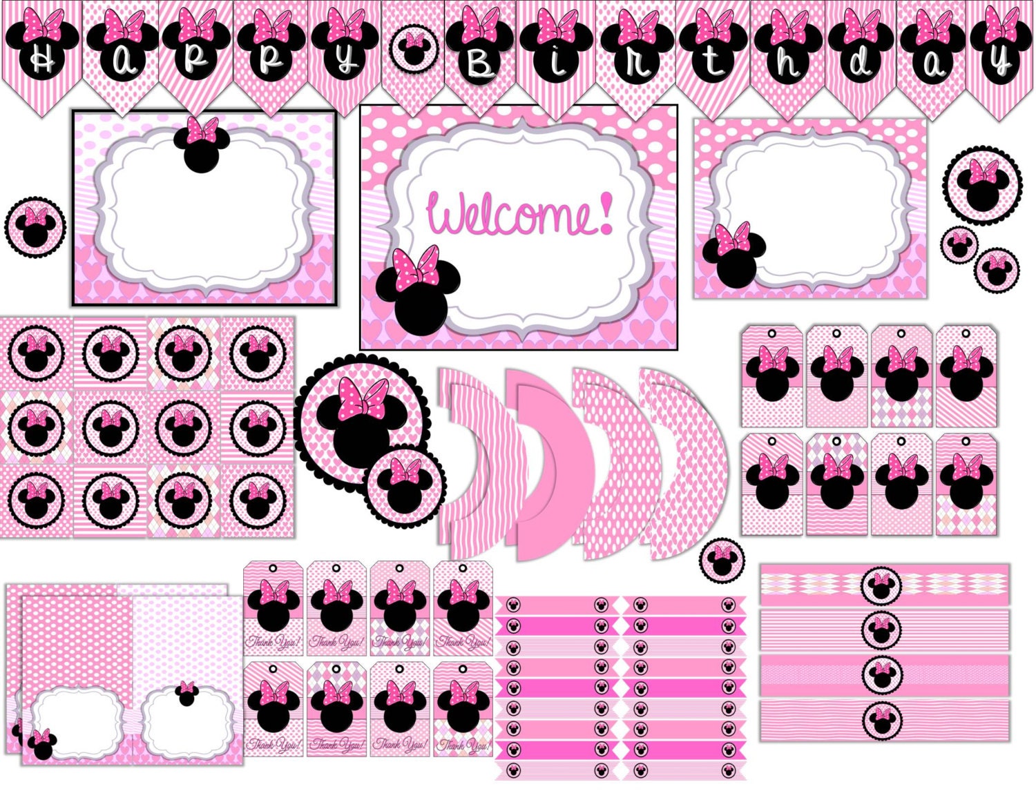 60% OFF Minnie Mouse Instant Download Party Pack, Cupcake Toppers, Banners, Water Bottle Labels, Straw Flags, and much more