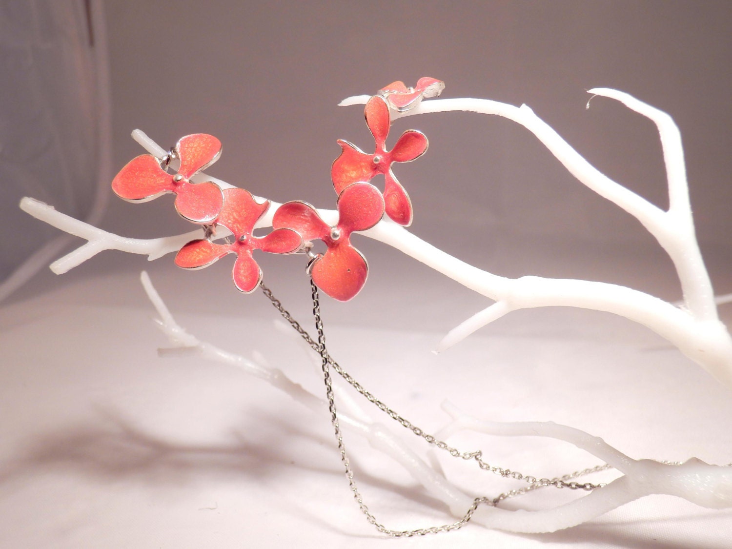 Delicate String of Red Hand Painted Flowers Necklace